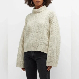 Toteme Oversized Speckled Heavy Cable Knit Wool Turtleneck Macadamia Large